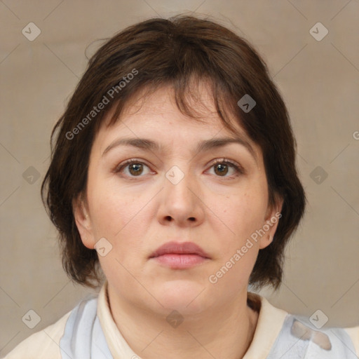 Neutral white young-adult female with medium  brown hair and brown eyes