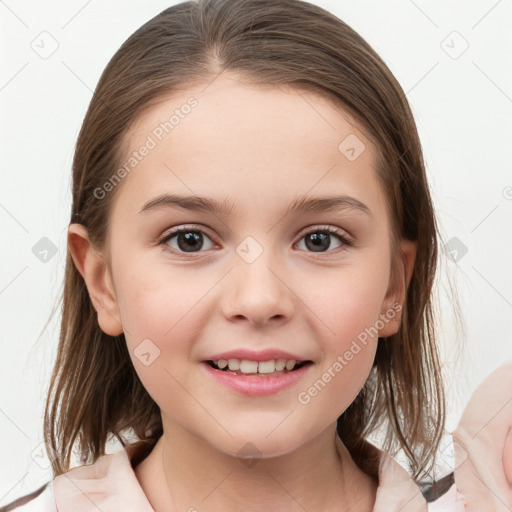 Joyful white child female with medium  brown hair and brown eyes