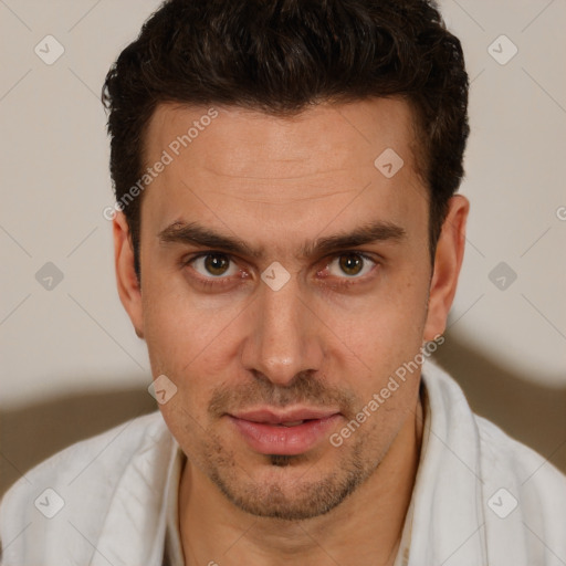 Joyful white young-adult male with short  brown hair and brown eyes