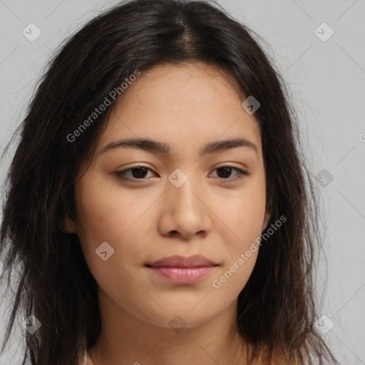 Joyful asian young-adult female with long  brown hair and brown eyes