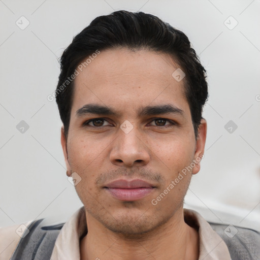 Neutral asian young-adult male with short  black hair and brown eyes