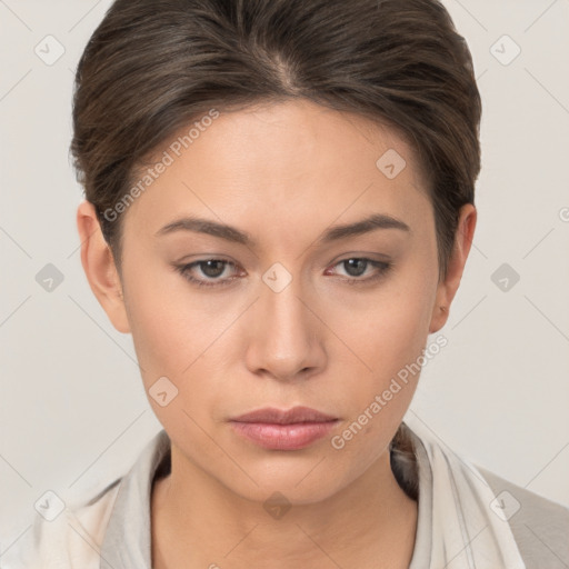 Neutral white young-adult female with short  brown hair and brown eyes