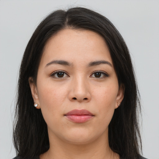 Neutral asian young-adult female with long  brown hair and brown eyes