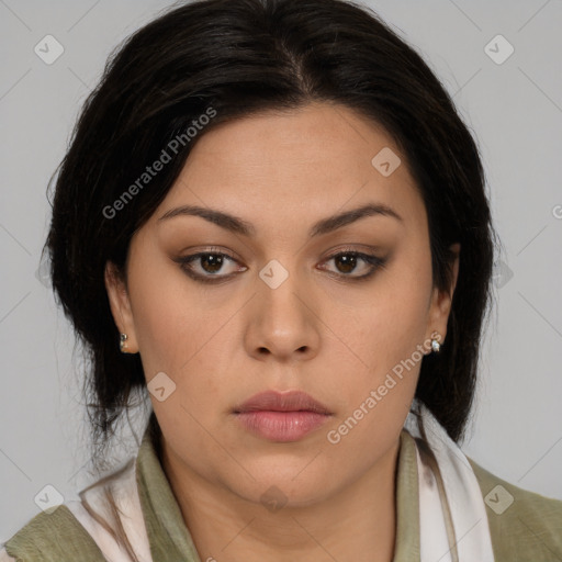 Neutral white young-adult female with medium  brown hair and brown eyes