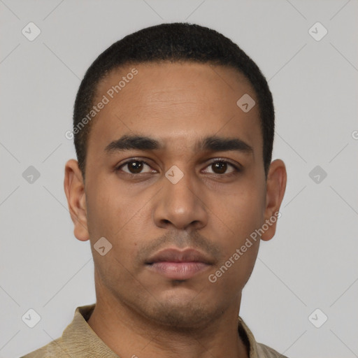 Neutral latino young-adult male with short  black hair and brown eyes