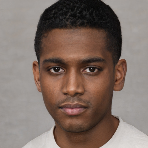 Neutral black young-adult male with short  black hair and brown eyes