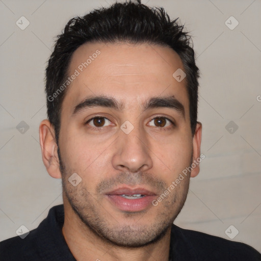 Neutral white young-adult male with short  black hair and brown eyes