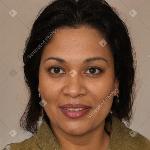 Joyful black adult female with medium  brown hair and brown eyes
