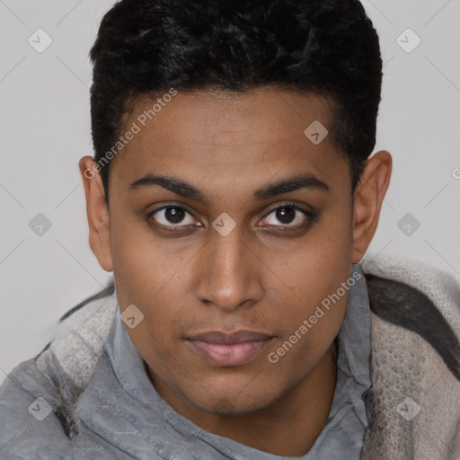 Neutral latino young-adult male with short  brown hair and brown eyes