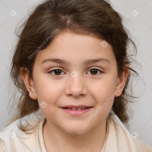 Joyful white child female with medium  brown hair and brown eyes