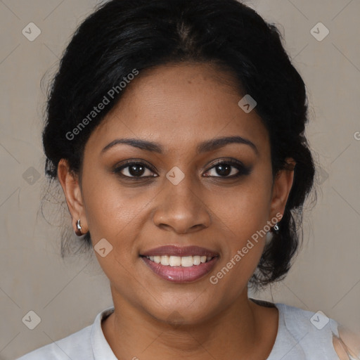 Joyful black young-adult female with medium  brown hair and brown eyes