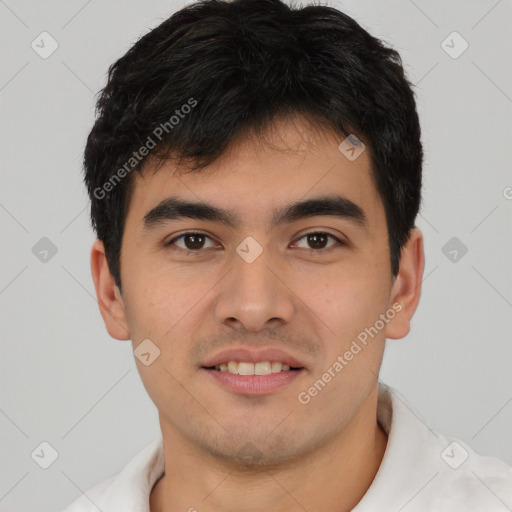 Joyful latino young-adult male with short  brown hair and brown eyes