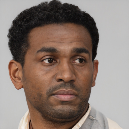Neutral black young-adult male with short  brown hair and brown eyes