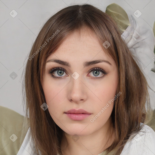 Neutral white young-adult female with medium  brown hair and brown eyes