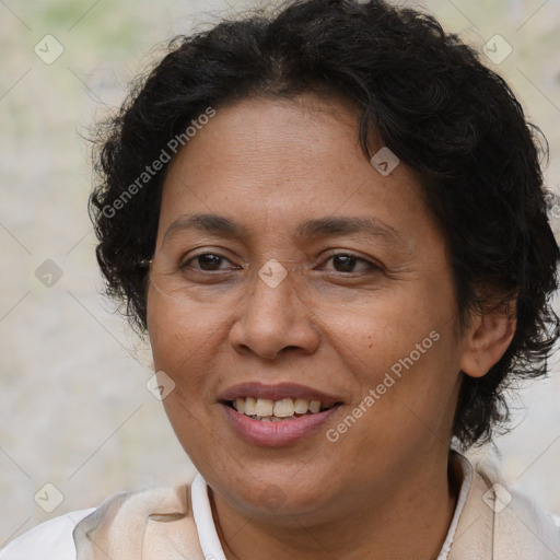 Joyful white adult female with short  brown hair and brown eyes