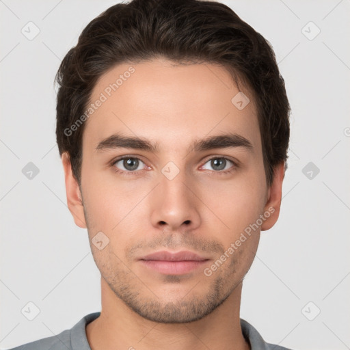 Neutral white young-adult male with short  brown hair and brown eyes