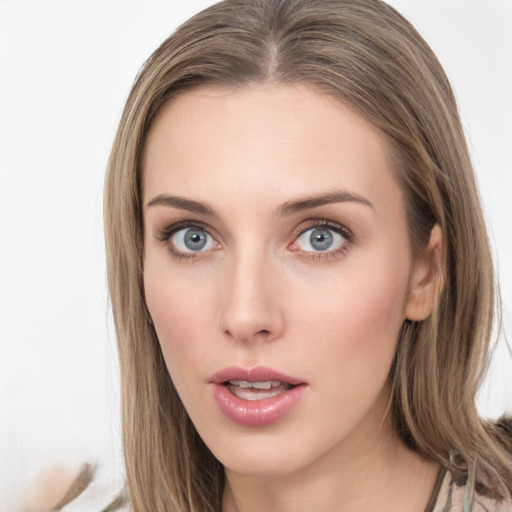 Neutral white young-adult female with long  brown hair and grey eyes