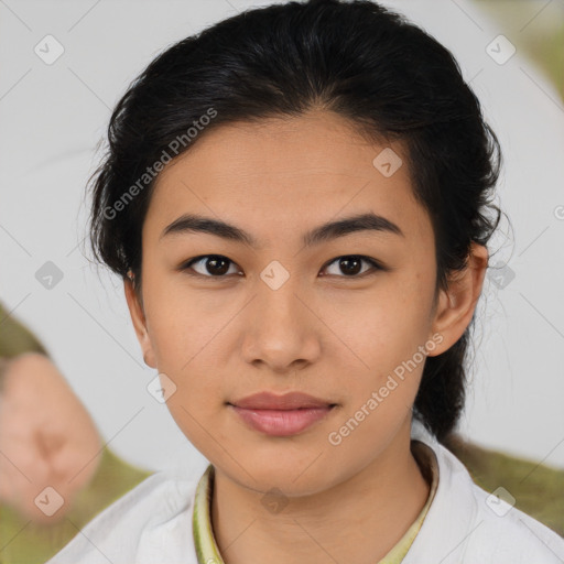 Joyful asian young-adult female with medium  brown hair and brown eyes