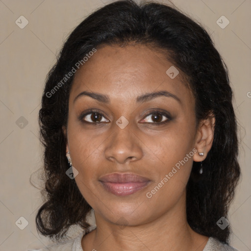 Joyful black young-adult female with medium  brown hair and brown eyes