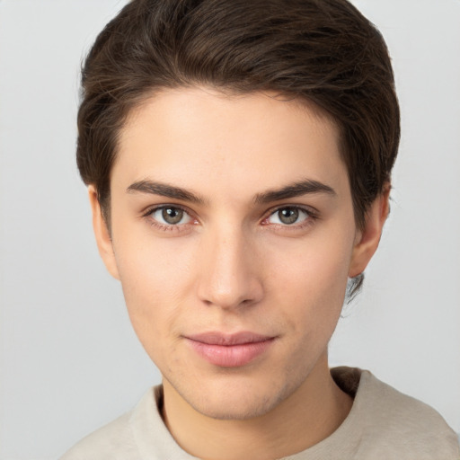 Neutral white young-adult female with short  brown hair and brown eyes