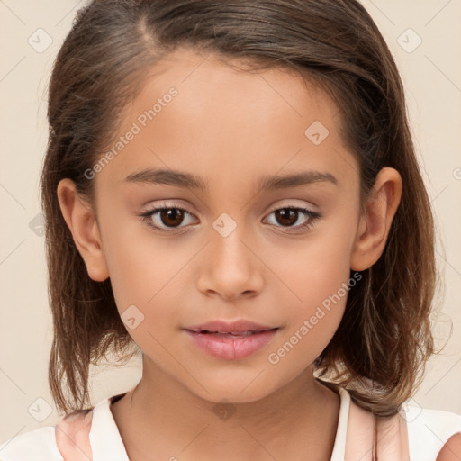 Joyful white child female with medium  brown hair and brown eyes