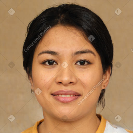 Joyful asian young-adult female with medium  brown hair and brown eyes