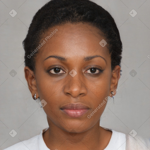 Neutral black young-adult female with short  brown hair and brown eyes