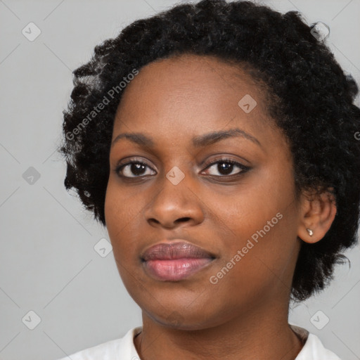 Neutral black young-adult female with short  black hair and brown eyes