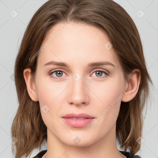 Neutral white young-adult female with medium  brown hair and grey eyes