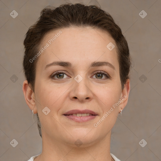 Joyful white young-adult female with short  brown hair and grey eyes