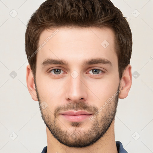 Neutral white young-adult male with short  brown hair and brown eyes