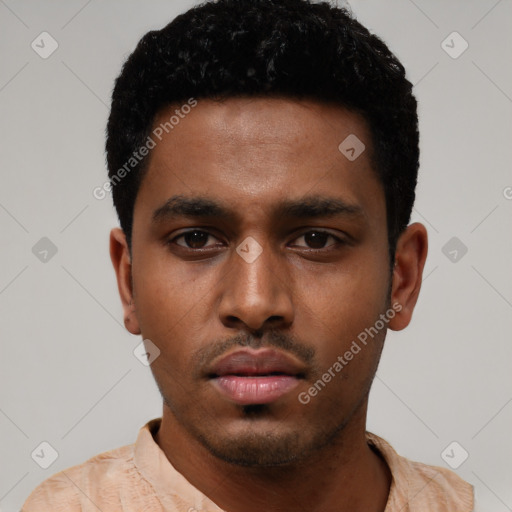 Neutral black young-adult male with short  black hair and brown eyes