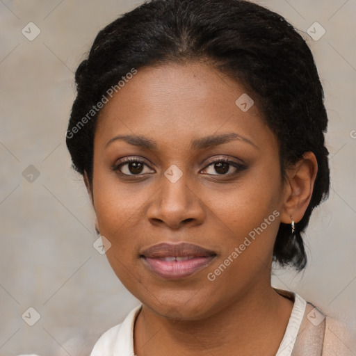 Joyful black young-adult female with medium  brown hair and brown eyes