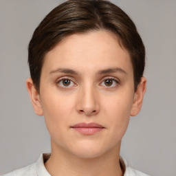 Neutral white young-adult female with short  brown hair and brown eyes