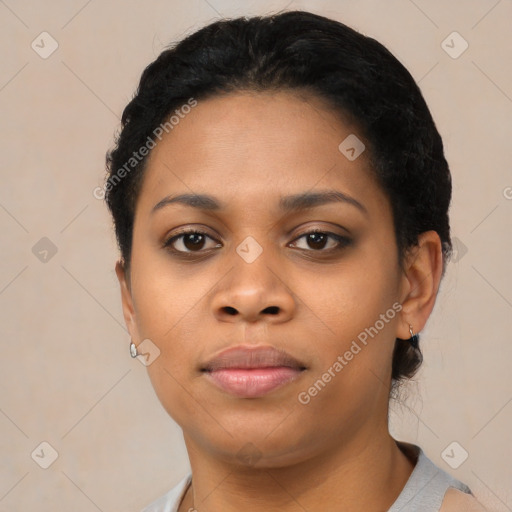 Neutral black young-adult female with short  black hair and brown eyes