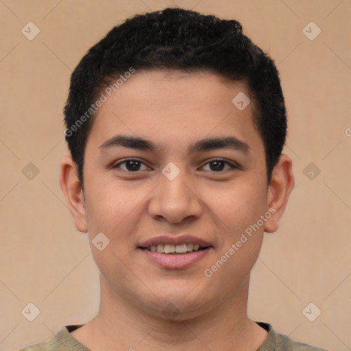 Joyful white young-adult male with short  black hair and brown eyes