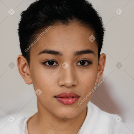 Joyful latino young-adult female with short  brown hair and brown eyes