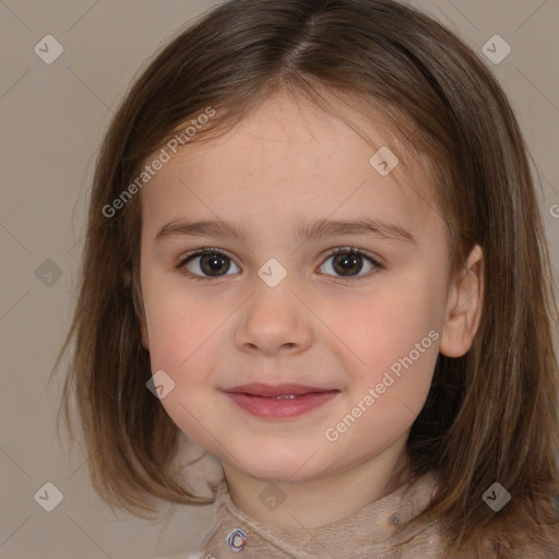 Joyful white child female with medium  brown hair and brown eyes