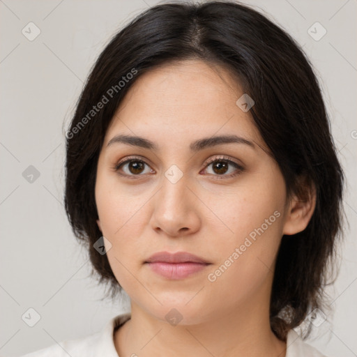 Neutral white young-adult female with medium  brown hair and brown eyes