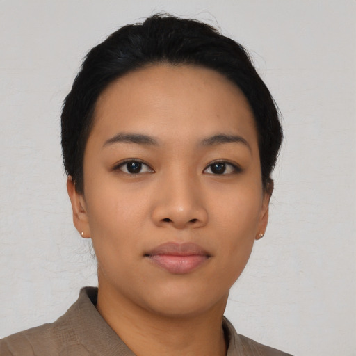Neutral asian young-adult female with short  black hair and brown eyes