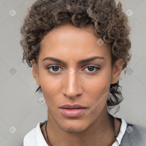 Neutral white young-adult female with short  brown hair and brown eyes