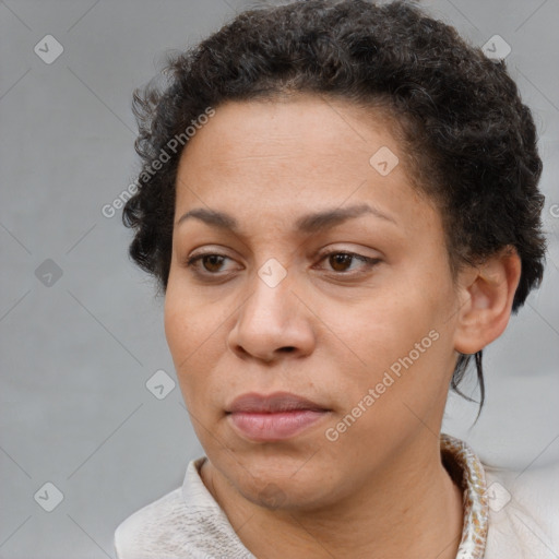 Neutral white young-adult female with short  brown hair and brown eyes