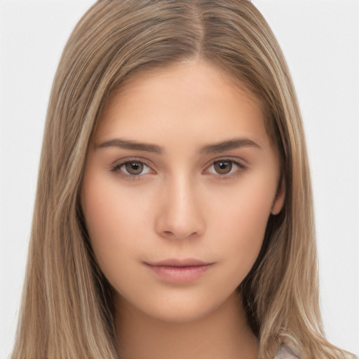 Neutral white young-adult female with long  brown hair and brown eyes