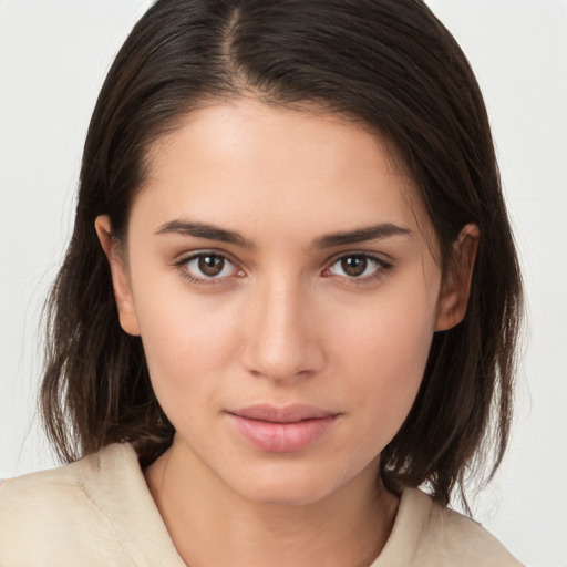 Neutral white young-adult female with medium  brown hair and brown eyes