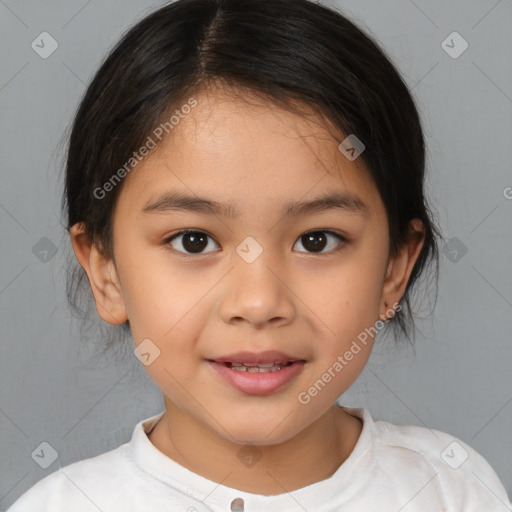 Joyful white child female with medium  brown hair and brown eyes