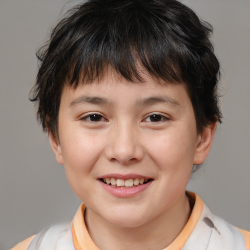 Joyful white child female with short  brown hair and brown eyes