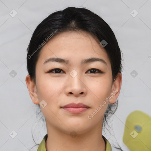 Neutral asian young-adult female with medium  brown hair and brown eyes