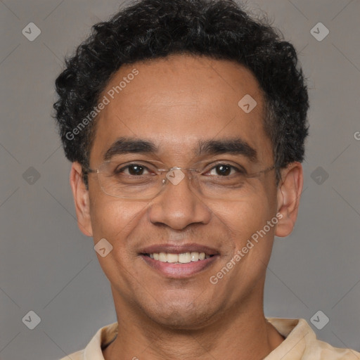 Joyful latino adult male with short  black hair and brown eyes