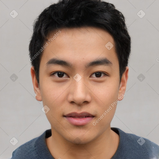 Neutral asian young-adult male with short  black hair and brown eyes