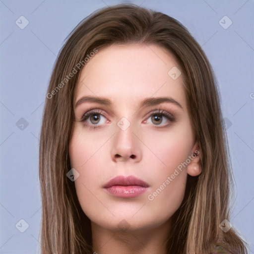 Neutral white young-adult female with long  brown hair and grey eyes